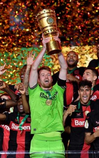 Cheering, joy, winner's celebration, honour, award ceremony of the cup winner Bayer 04 Leverkusen,