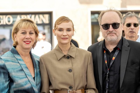 Cannes, France, 19.5.2024: Sharon Waxman, Diane Kruger and Steve Pond in front of the talk about