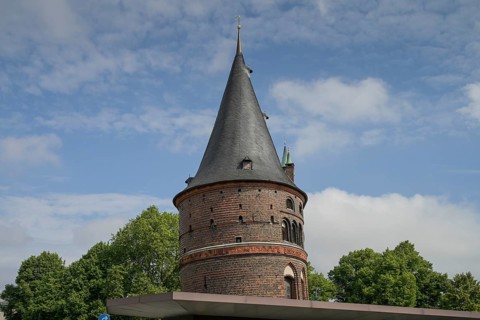 Holstentor, view from south, oblique position, Holstentorplatz, Luebeck, Schleswig-Holstein,