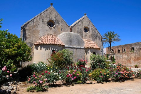 View of rear wall of two-aisled church building church monastery church dedicated to Saints