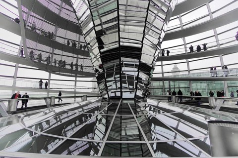 The dome of the Reichstag in Berlin. The architect Sir Norman Foster designed the steel and glass