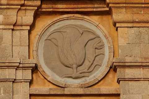 Architectural detail of a stone relief in the shape of a flower, Old Town of Rhodes, Rhodes Town,