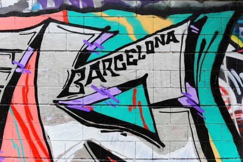 Barcelona, Catalonia, Spain, Europe, Abstract graffiti with the word 'Barcelona' on a colourful
