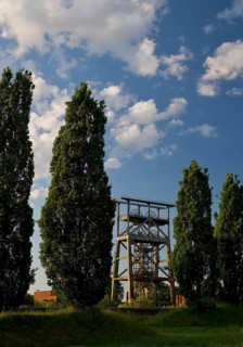 Gneisenau district park with the double trestle structure of the disused colliery, Derne, Dortmund,
