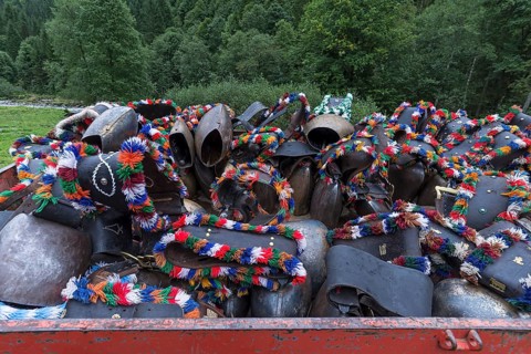 Jewellery cowbells for the cattle drive on a hanger, gabled house, Bad Hindelang, Allgaeu, Bavaria,