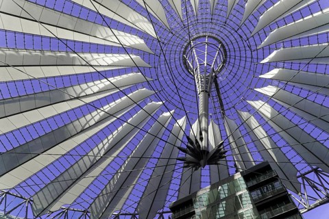 Dome, Sony Centre, Mitte, Berlin, Germany, Europe, Modern metal roof construction against a purple