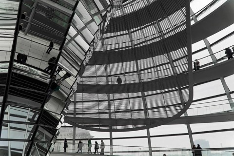 The dome of the Reichstag in Berlin. The architect Sir Norman Foster designed the steel and glass