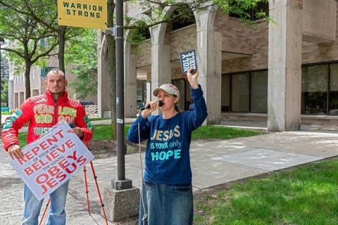 Detroit, Michigan, Adam and Reina LaCroix preach for Jesus on the campus of Wayne State University.