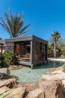 Modern wooden architecture in the holiday home development on the Plage de Port Grimaud beach, Port