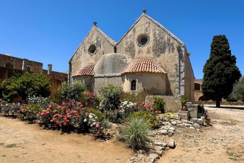 View of rear wall of double-aisled church building Church of Arkadi Monastery with double apse in