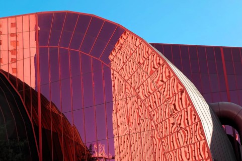 Las Vegas, Nevada, USA, North America, Close-up of a modern building with red glass facade and