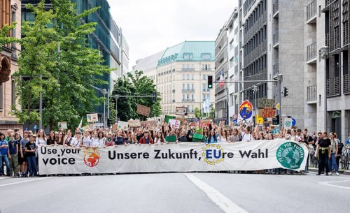 Demonstrators with signs at Fridays for Future, taken during the climate strike for the EU