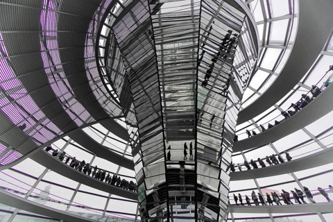 The dome of the Reichstag in Berlin. The architect Sir Norman Foster designed the steel and glass
