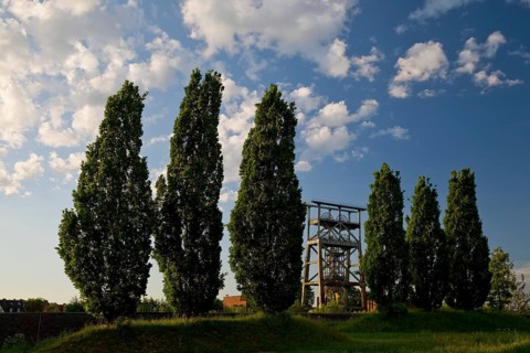 Gneisenau district park with the double trestle structure of the disused colliery, Derne, Dortmund,