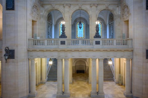 Interior view, main staircase to the gallery, with group of figures of Damnation and Redemption,