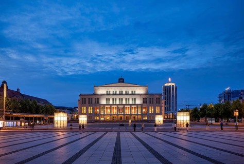 Opera, Winter Garden Tower, Augustusplatz, evening mood, blue hour, Leipzig, Saxony, Germany,