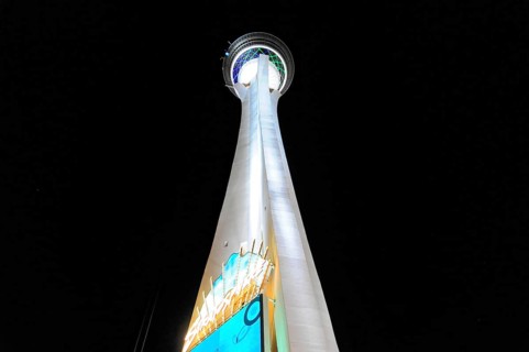 Las Vegas, Nevada, USA, North America, Illuminated tower stretching upwards at night, Las Vegas