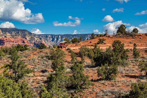 Tourists on Red Rock Jeep Tour look out over the valley in Sedona, Arizona, USA, North America