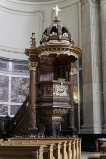 Interior view of Berlin Cathedral, Berlin, Germany, Europe, Magnificent pulpit with detailed wooden