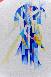 Abstract mural with geometric shapes and bright colours that radiate a modern art aesthetic, mural,