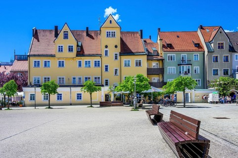 Pointed gable facades on Sanlt-Mang-Platz, with space for text, Kempten, Allgaeu, Bavaria, Germany,