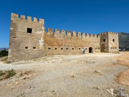 Exterior view with two corner towers walls battlements entrance of Fort Fortezza Fortetza