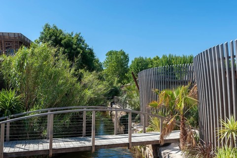 Modern wooden architecture in the holiday home development on the Plage de Port Grimaud beach, Port