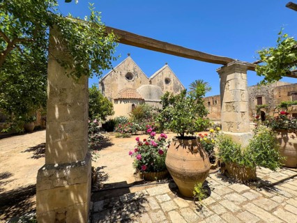 View of rear wall of double-aisled church building Church of Arkadi Monastery with double apse in