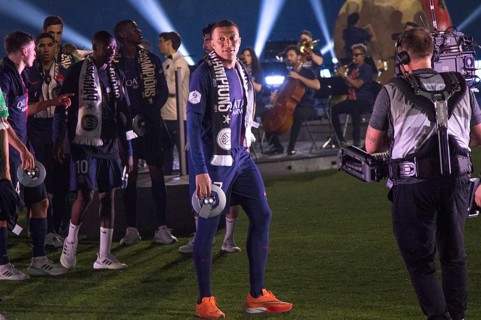 Football match, captain Kylian Mbappe' Paris St. Germain proudly after the award ceremony with his