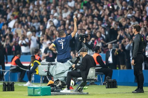 Football match, captain Kylian MBAPPE' Paris St. Germain right has just scored the 1:0 for Paris St