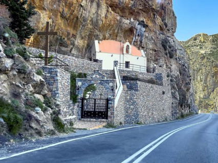 View of the church of Agios Nikolaos on the road in the gorge of Kourtaliotiko Kourtaliotiko gorge