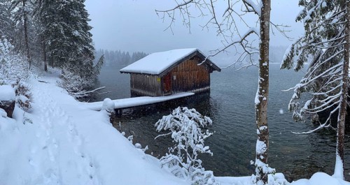 Snowfall at Spitzingsee, Bavaria, Germany, Europe