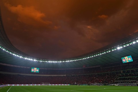 Overview, thunderstorm, thunderstorm atmosphere, dark clouds, threatening, 81st DFB Cup Final 2024,