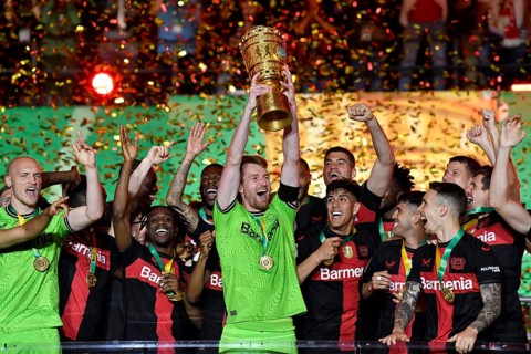Cheering, joy, winner's celebration, honour, award ceremony of the cup winner Bayer 04 Leverkusen,