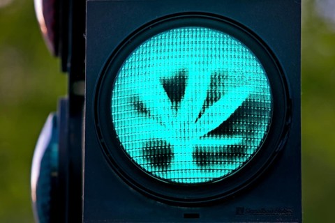Green traffic light with a hemp leaf, legalisation, cannabis law, symbolic photo, Dortmund, Ruhr