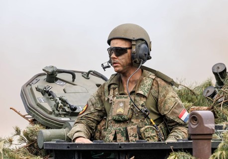 A Dutch soldier on a tank, photographed during the NATO Steadfast Defender large-scale manoeuvre in
