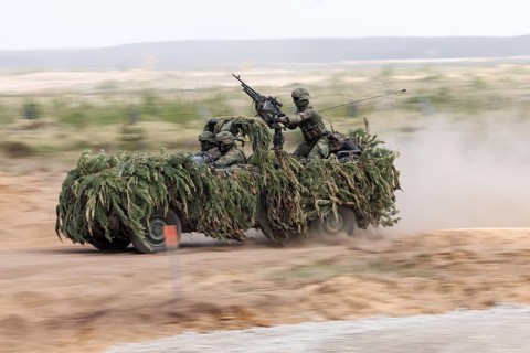 Dutch soldiers on a camouflaged Mercedes G280 CDI during the NATO Steadfast Defender large-scale