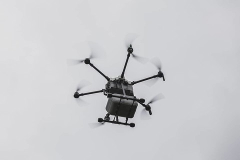 Delivery drone, photographed as part of the official opening of the drone delivery service
