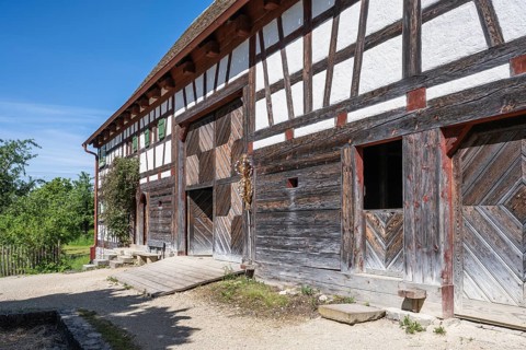 Traditionally built, old farmhouse, half-timbered house, called Baerbele-Haus, built around 1750,