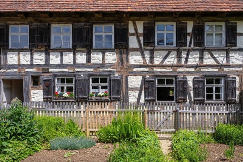 Traditionally built, old farmhouse, half-timbered house, called Biehle built in the 18th century,