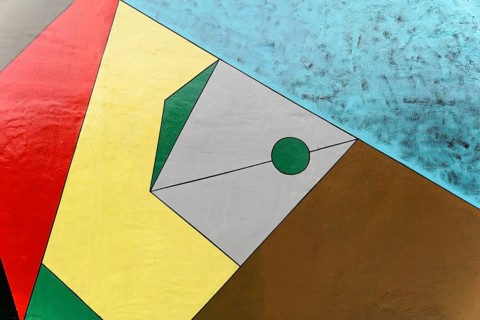 Wall painting with abstract geometric shapes in bright colours, Wall painting, East Side Gallery,