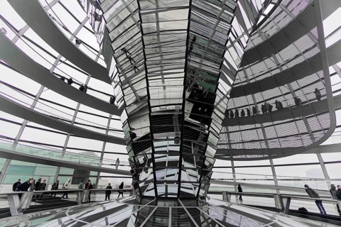 The dome of the Reichstag in Berlin. The architect Sir Norman Foster designed the steel and glass