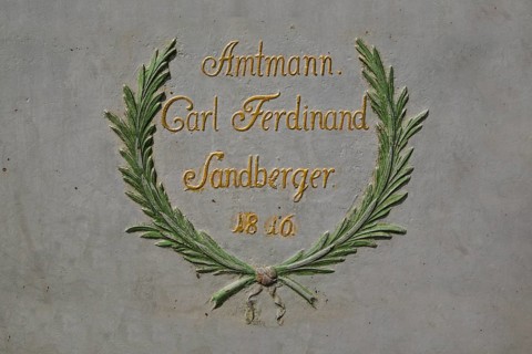 Detail of St George's Fountain, lettering on the octagonal cast iron trough from 1816, bailiff Carl