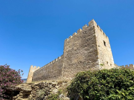 Exterior view with two corner towers walls battlements of Fort Fortezza Fortetza Frangokastello