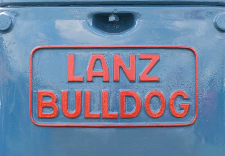 Lanz Buldog lettering, red on blue painted tractor bonnet, Offenbach, Dreieich, Hesse, Germany,