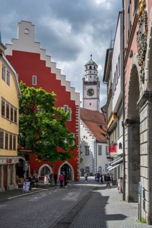View over the Marktstrasse in the historic old town of Ravensburg with the Blaserturm, on the left
