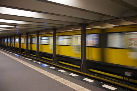 Arriving underground line U2, motion effect, stop, platform, Theodor-Heuss-Platz station, Berlin,