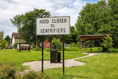 Detroit, Michigan, An anti-gentrification sign posted in the East Canfield Art Park in the East
