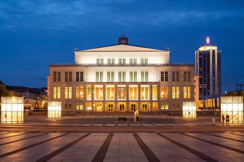 Opera, Winter Garden Tower, Augustusplatz, evening mood, blue hour, Leipzig, Saxony, Germany,