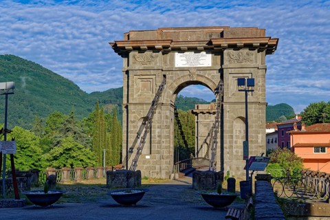 The historic Ponte delle Catene bridge over the River Lima in Bagni di Lucca in the district of